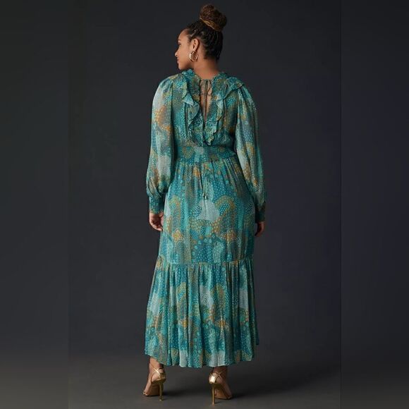 Anthropologie Odetta Ruffle V-Neck Midi Dress In Turquoise Size Extra Small NWT - Picture 2 of 8